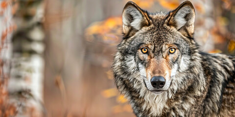 Obraz premium Grey wolf with intense yellow eyes, autumn forest.