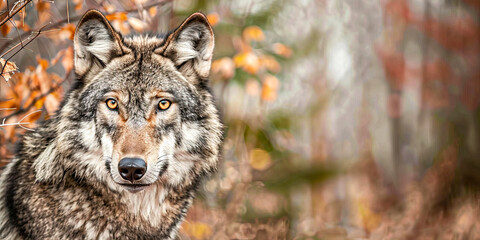 Grey wolf with intense yellow eyes, autumn leaves.