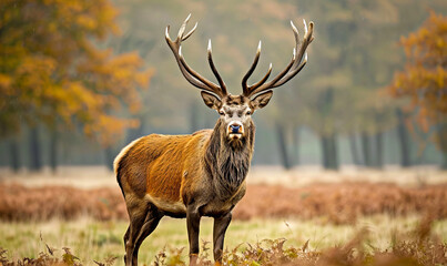 Fototapeta premium A majestic red deer stag stands in a field of ferns with a blurred background of autumnal trees