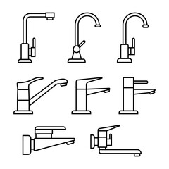Water tap and faucet icon set. Outline vector on a white background.