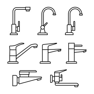 Water tap and faucet icon set. Outline vector on a white background.