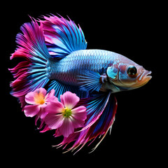 Fototapeta premium siamese fish with flower tail and fins colorful floral fighting betta fish isolated on black background generate ai