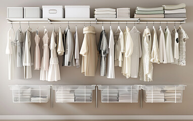 Organized wardrobe with neutral-toned casual attire on white rails, featuring dresses, shirts, and blouses in beige and light brown, with neatly arranged storage boxes below