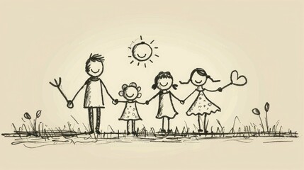 Simplistic and Minimalist Hand Drawn Depicting a Happy Family Bonding Together with Love and Unity in a Peaceful Outdoor Setting