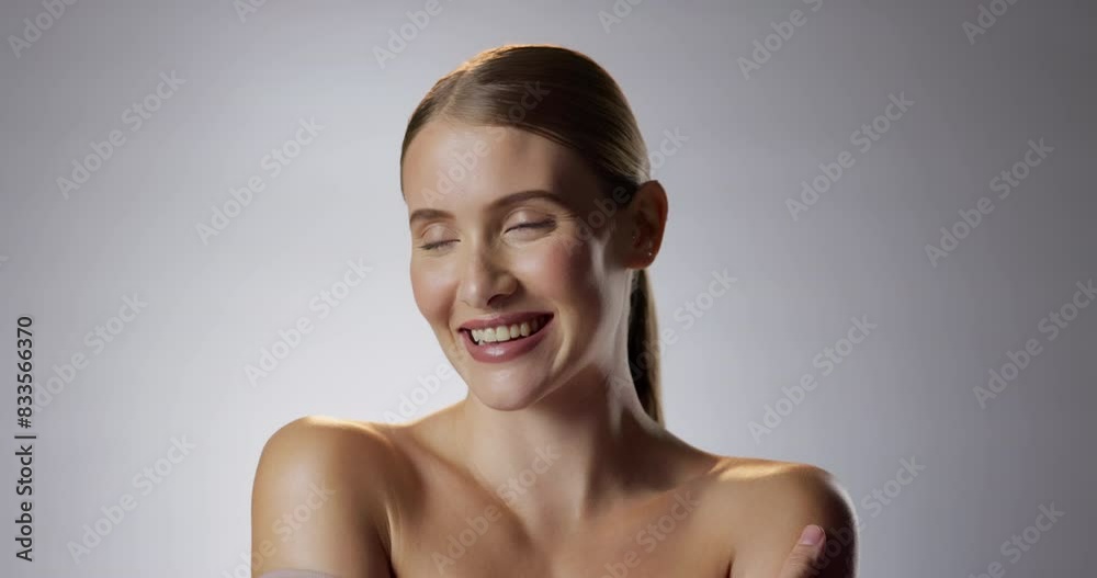 Poster Woman, wellness and smile on gray background for beauty with makeup in confidence for self esteem. Glow, pride and skincare in studio with face or routine in Netherlands with happiness for care.