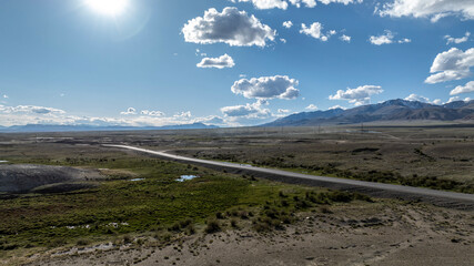 landscape of the surroundings of the village of Kosh Agach mountains with lakes and unusual...
