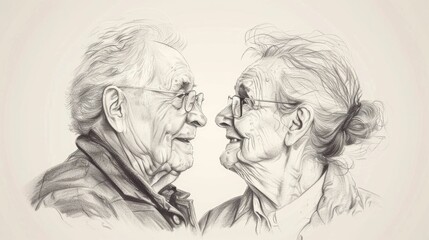 Fototapeta premium Enduring Love and Companionship in Old Age Hand Drawn of an Elderly Couple Sharing a Tender Moment Showcasing the Beauty and Wisdom of a Lifetime of Partnership
