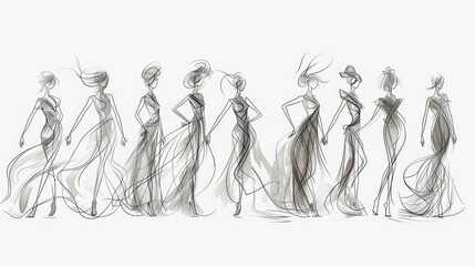 Elegant and stylized fashion figures depicted through continuous line drawings showcasing the graceful movements and captivating silhouettes of high fashion models on the runway