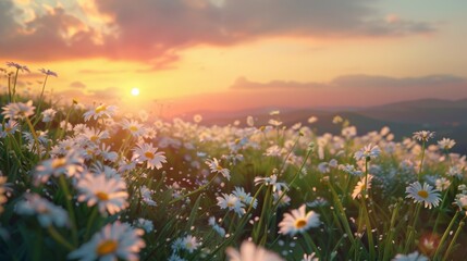 Fototapeta premium beautiful sun drenched spring summer meadow natural colorful panoramic landscape with many wild flowers of daisies against bright orange sun in sunset sky 