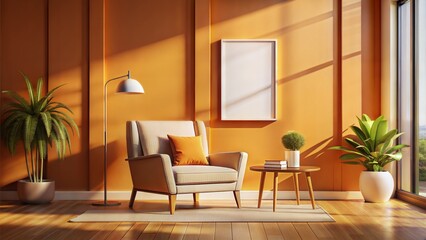Fototapeta premium a rendering of a living room with a chair and a picture frame, poster composition, poster art style, poster background, living room wall background, poster style, realistic shaded lighting poster