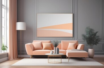 Peach living room color trend 2014 peach living room color. Gray walls and pictures on them , peachy beige pastel color furniture. Modern room design home interior design. Living in a comfortable envi