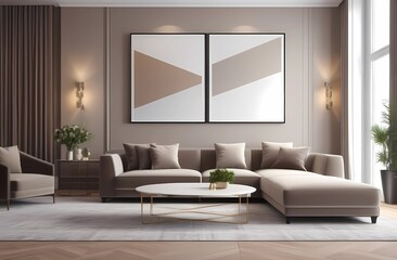 Luxurious living room in beige color. Brown and gray accents in the interior design of the room. Large sofas for relaxing. Cozy house.