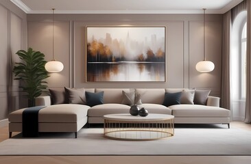 Luxurious living room in beige color. Brown and gray accents in the interior design of the room. Large sofas for relaxing. Cozy house.