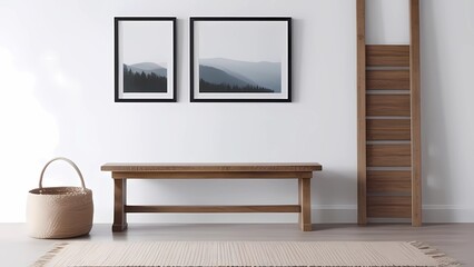 Wooden bench by white wall with frames. Country, country, boho interior design modern house, cozy hallway, hallway.