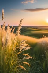 Obraz premium Beautiful natural panoramic landscape. Blooming wild tall grass. Summer landscape. Summer mood and fresh air