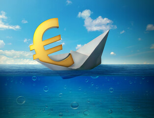 Sinking euro currency symbol with paper boat floating in ocean