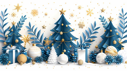 Xmas modern design set in paper cut style with Christmas tree, holiday covers or banners,vector illustration
