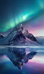 Naklejka premium beautiful northern snowy mountain with aurora borealis at night, north pole nature at winter