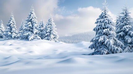Fototapeta premium Winter Snowy Landscape with Pine Trees and Soft Snowdrifts