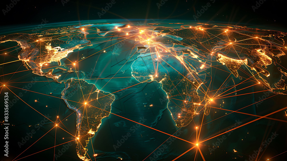 Fototapete High-tech world map visualization illustrating global network connectivity with glowing lines and illuminated points of interest