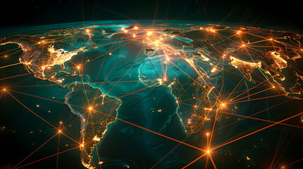 High-tech world map visualization illustrating global network connectivity with glowing lines and illuminated points of interest
