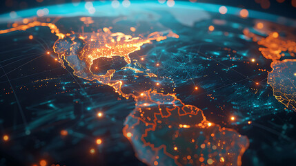 Naklejka premium High-tech world map visualization illustrating global network connectivity with glowing lines and illuminated points of interest