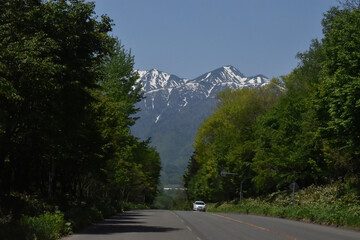 The mountain driveway with the beautiful Mount Furano on the background in Furano city Hokkaido Japan