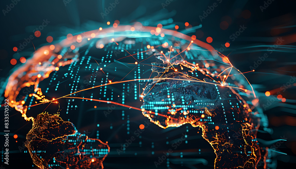 Fototapete digital world globe centered on the middle east, showcasing global network connectivity with vibrant