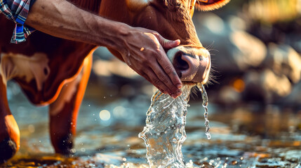 Obraz premium Man giving water to a thirsty cow, an act of care