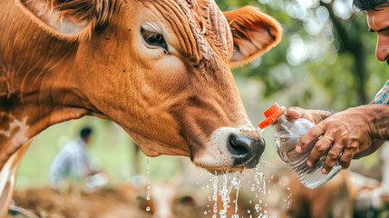 Man giving water to a thirsty cow, an act of care