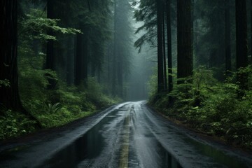 Fototapeta premium Captivating image showcasing a wet road meandering through a misty, dense forest