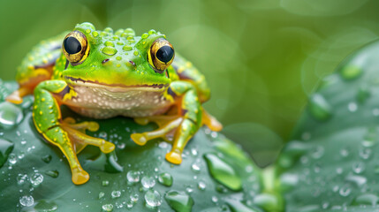 Fototapeta premium A green frog resting on a wet leaf, illuminated by the soft light of morning dew.