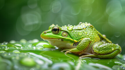 Obraz premium A green frog resting on a wet leaf, illuminated by the soft light of morning dew.