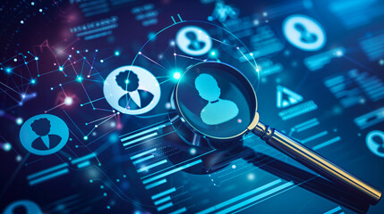 The concept of employee search and online job search, where holographic images, CV documents and candidate profiles are surrounded by rating stars, icons representing various competencies.