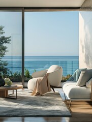 Stylish living room interior with sea view and glass