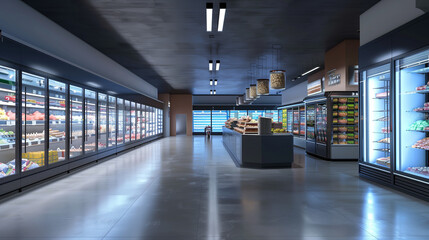 Frozen food products displayed behind glass doors in a modern supermarket interior.