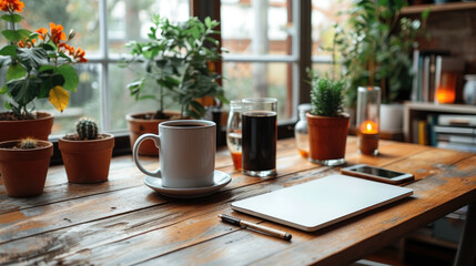 Cozy home office with wooden desk comfortable chair and a view. There's a laptop, a cup of coffee, a pen, and a notebook on the table. The room is decorated with plants and candles.