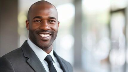 a man in a suit and tie smiling for the camera with a blurry background of a building and trees..
