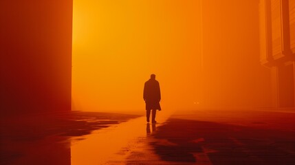 man in dark futuristic cyberpunk city, person staying at street in anti utopia environment, fantasy and sci fi