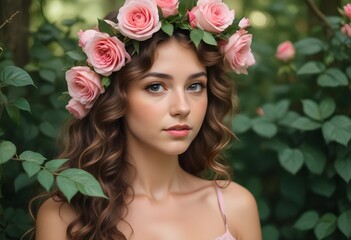 Naklejka premium Donna nel verde, con corona di fiori in testa, estate