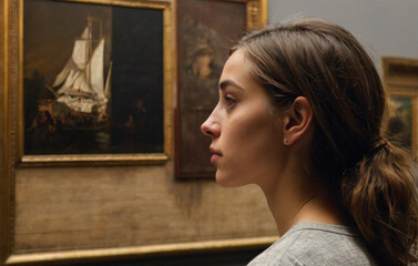 Art student looking at museum paintings in an old museum art gallery. Young woman observing exhibition in museum.