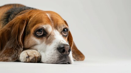 Purebred Beagle dog resting in a studio setting with a white background