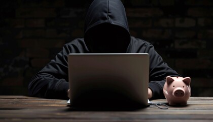 Hacker in Black Hoodie using with laptop with a piggy bank Financial Fraud