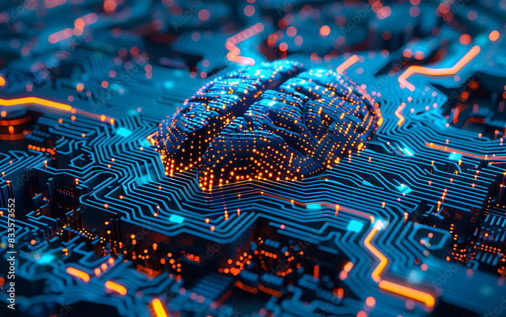 Fototapete close-up of cyber brain with glowing pathways, representing ai and quantum computing advancements