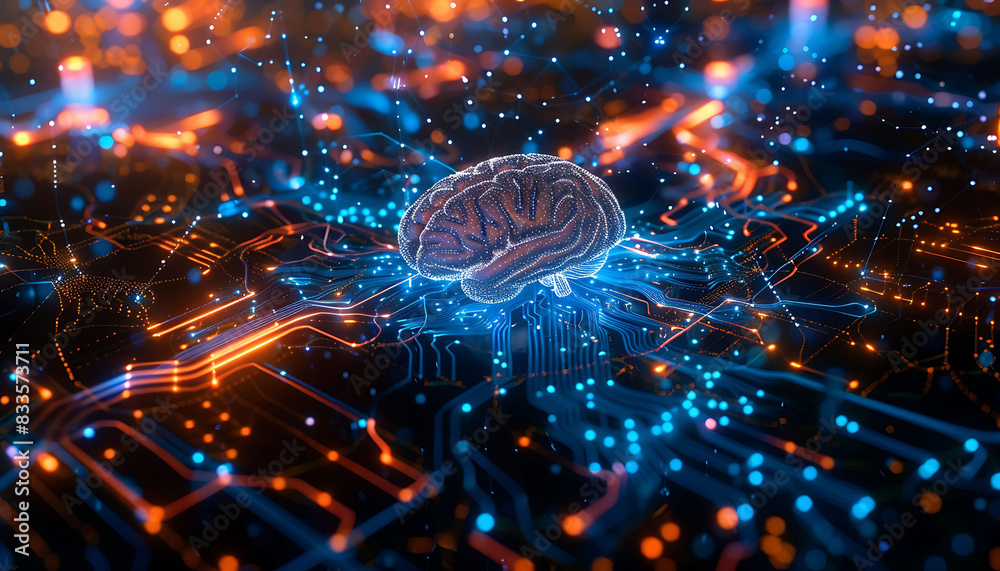 Fototapete detailed cyber brain with neural circuits, highlighting advanced ai, quantum computing, and biotechn