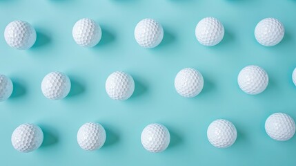 Arranged white golf ball on blue pastel background. Minimal design