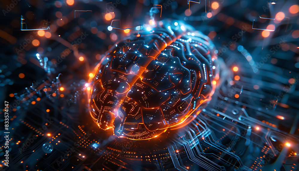Fototapete Detailed cyber brain with neural circuits, highlighting advanced AI, quantum computing, and biotechnology