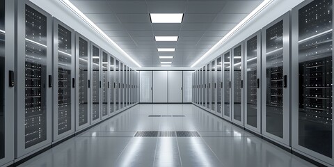 Futuristic data center with rows of server racks