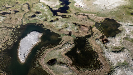 landscape of the surroundings of the village of Kosh Agach mountains with lakes and unusual landscapes from the height of a drone flight in the southern regions of Altai in May