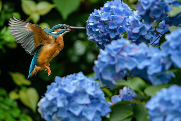 a Common Kingfisher and blue Hydrangeas generated by AI
